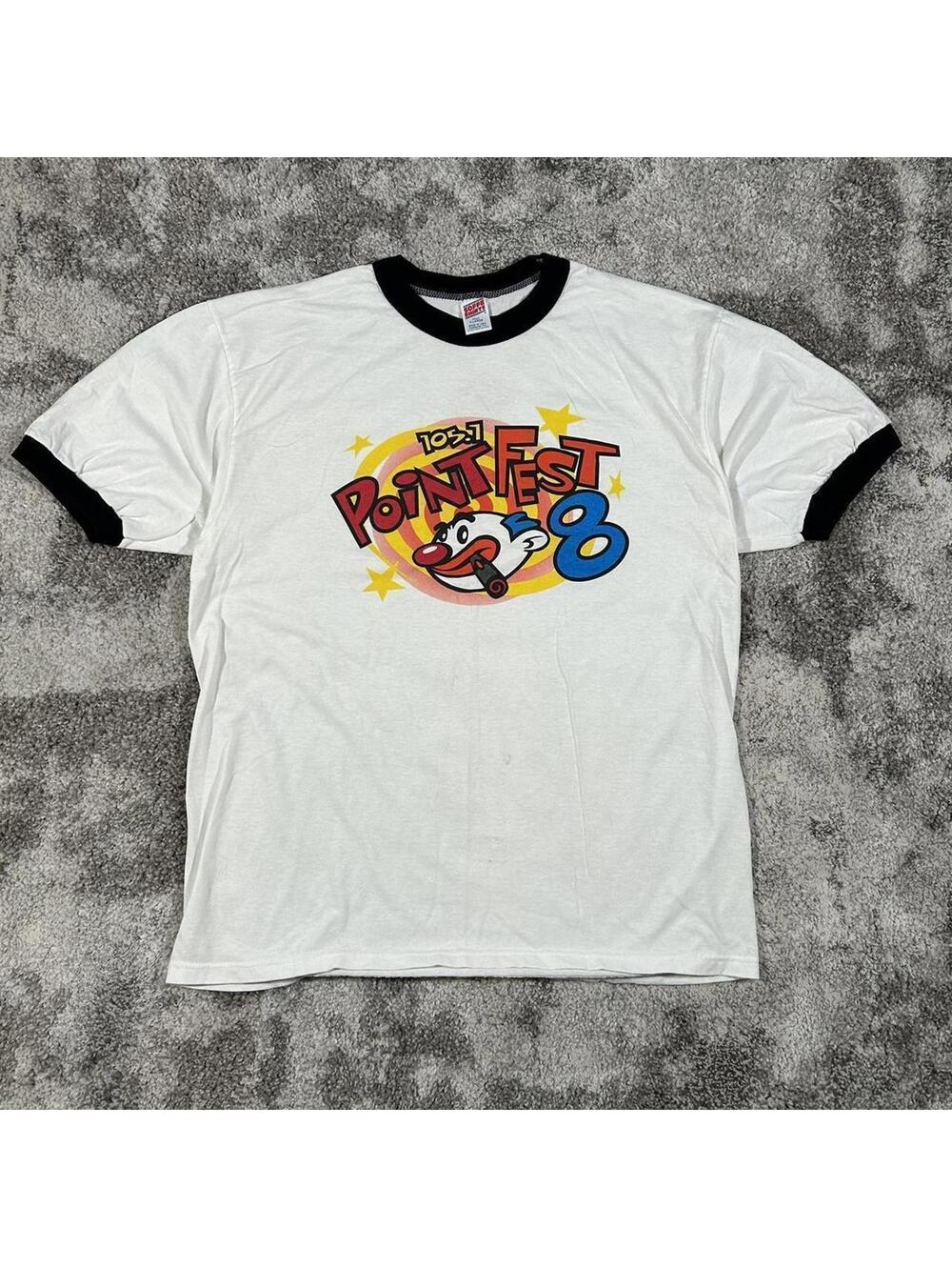 Vintage radio station 105.7 Point Fest 8 white ringer clown graphic tshirt
